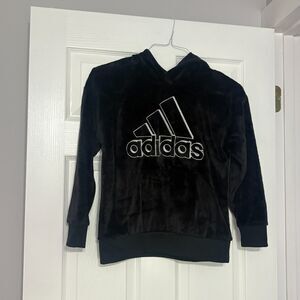 ADIDAS Hooded Fleece Pullover Girls L (14)  Black Logo Hoodie Plush Polyester